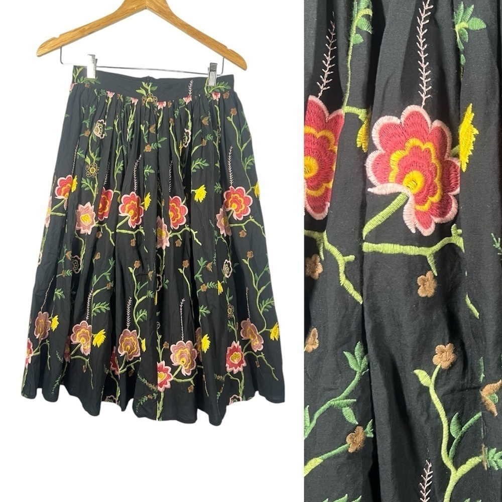 Olivia Rohde Floral Embroidered Midi Skirt High Waisted Small